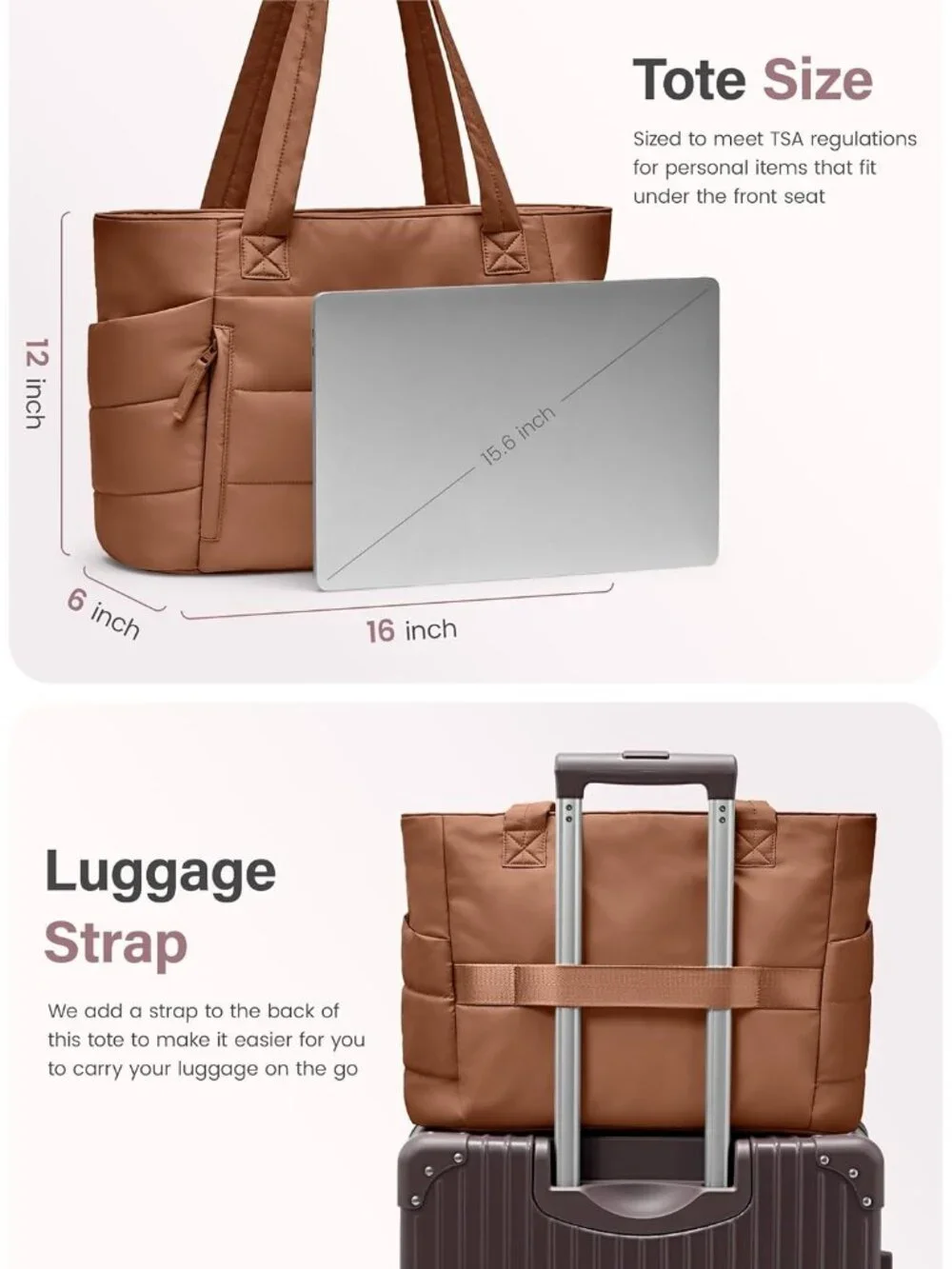 👜Women's Pecan Brown Quilted Puffer Tote Bag Zipper Work Bag With Compartments